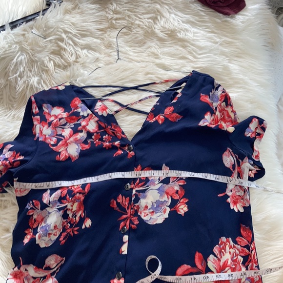Sandy & sid floral navy pink short sleeve open stringy back blouse top shirt - Picture 15 of 17